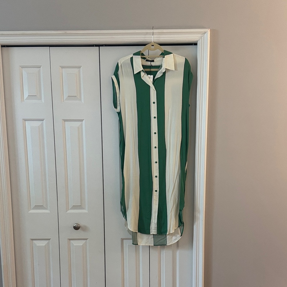 Green and Cream Striped Sleeveless Shirt Dress